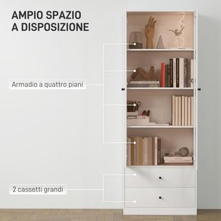 Credenza de Cocina Multiuso Con Armario Y 2 Cajones Mueble para Sala de Estar Y Salón Con Puertas de Vidrio Con Bisagras Soft Close Y Estantes Regulables 59X30X164 Cm Blanco