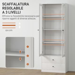 Credenza de Cocina Multiuso Con Armario Y 2 Cajones Mueble para Sala de Estar Y Salón Con Puertas de Vidrio Con Bisagras Soft Close Y Estantes Regulables 59X30X164 Cm Blanco