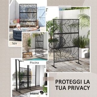 Separador Divisorio Decorativo De Exterior Con Motivos de Grandes Hojas Y 2 Patas, Pantalla Para Jardín Alta de Acero, Para Balcón Y Terraza, 122X45X198 Cm, Negro