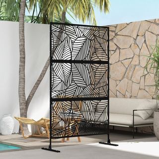 Separador Divisorio Decorativo De Exterior Con Motivos de Grandes Hojas Y 2 Patas, Pantalla Para Jardín Alta de Acero, Para Balcón Y Terraza, 122X45X198 Cm, Negro