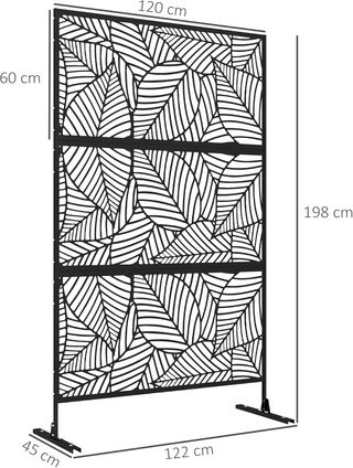 Separador Divisorio Decorativo De Exterior Con Motivos de Grandes Hojas Y 2 Patas, Pantalla Para Jardín Alta de Acero, Para Balcón Y Terraza, 122X45X198 Cm, Negro