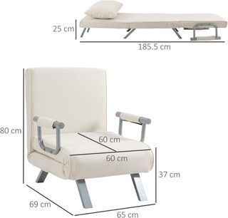 Sillón Cama Individual 3 en 1 Con Respaldo Reclinable En 5 Niveles Y Cojín, Sofá Cama Individual Plegable para Sala de Estar y Salón en Cuero Suede y Acero, 65X69X80 Cm, Crema