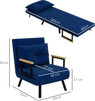 Poltrona Cama 4 en 1, Poltrona Plegable Con Respaldo Regulable en 5 Posiciones, Sofá Cama Con Cojín, Asiento Acolchado, en Terciopelo para Casa y Oficina, 63X73X81 Cm, Azul