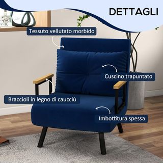 Poltrona Cama 4 en 1, Poltrona Plegable Con Respaldo Regulable en 5 Posiciones, Sofá Cama Con Cojín, Asiento Acolchado, en Terciopelo para Casa y Oficina, 63X73X81 Cm, Azul