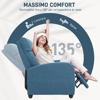 Sillón Relax Reclinable Manual con Reposapiés, Sillón Reclinable Acolchado en Tela Efecto Lino para Dormitorio, Sala de Estar y Salón, Azul