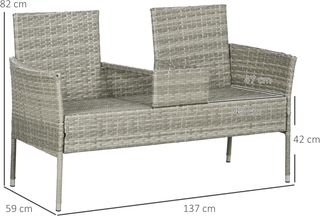 Banco de Exterior de 2 Plazas con Mesa de Café Central, Sofá de Jardín en Acero, Rattan PE y Poliéster, 137X59X82 Cm, Gris y Crema