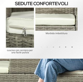 Banco de Exterior de 2 Plazas con Mesa de Café Central, Sofá de Jardín en Acero, Rattan PE y Poliéster, 137X59X82 Cm, Gris y Crema