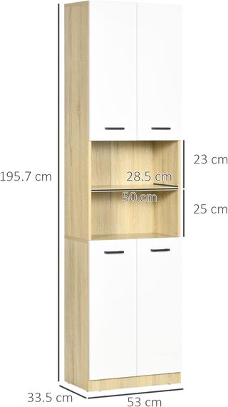 Armario De Baño, Mueble De Baño De Madera Con 2 Armarios Con Puertas Y 2 Estantes Abiertos, Diseño Antivuelco, 53X33.5X195.7 Cm, Blanco Y Madera