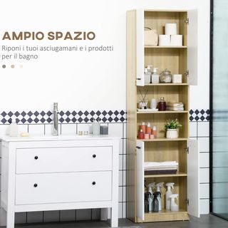 Armario De Baño, Mueble De Baño De Madera Con 2 Armarios Con Puertas Y 2 Estantes Abiertos, Diseño Antivuelco, 53X33.5X195.7 Cm, Blanco Y Madera