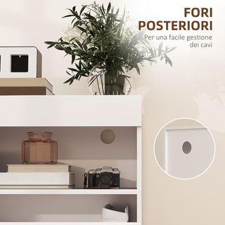 Credenza de Cocina Baja Con Puertas Amortiguadas, Mueble Buffet Con 2 Armarios, Estante Abierto, 2 Orificios Pasacables, Estante Regulable Y Sistema Antivuelco, Blanco