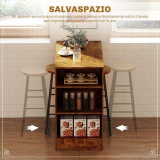Conjunto De Comedor Con Barra Y 2 Taburetes Altos, Mesa Alta Con 3 Estantes Laterales Y Taburetes Con Reposapiés Estilo Industrial, Marrón