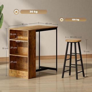 Conjunto De Comedor Con Barra Y 2 Taburetes Altos, Mesa Alta Con 3 Estantes Laterales Y Taburetes Con Reposapiés Estilo Industrial, Marrón