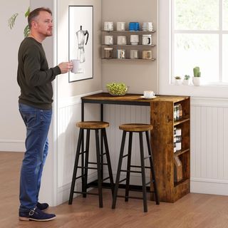 Conjunto De Comedor Con Barra Y 2 Taburetes Altos, Mesa Alta Con 3 Estantes Laterales Y Taburetes Con Reposapiés Estilo Industrial, Marrón