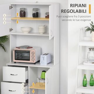 Credenza De Cocina Y Comedor, Credenza Moderna En Madera Blanca, 2 Armarios, Estantes Regulables, 1 Estante Abierto Y 3 Cajones, 80X39.5X183.5Cm