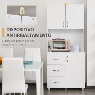 Credenza De Cocina Y Comedor, Credenza Moderna En Madera Blanca, 2 Armarios, Estantes Regulables, 1 Estante Abierto Y 3 Cajones, 80X39.5X183.5Cm