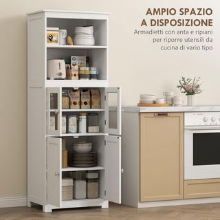 Mueble Despensa Con 2 Estantes Abiertos Y 2 Armarios Con Puertas, Credenza De Cocina en MDF Y Vidrio Templado, 60X30X162 Cm, Blanco