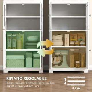 Mueble Despensa Con 2 Estantes Abiertos Y 2 Armarios Con Puertas, Credenza De Cocina en MDF Y Vidrio Templado, 60X30X162 Cm, Blanco