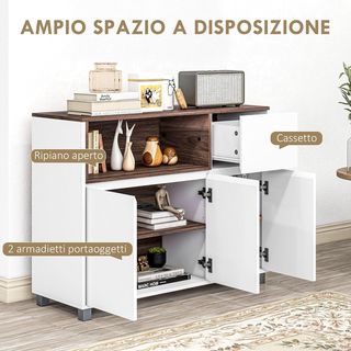 Móvil Cocina Credenza Moderna en Madera Con Armarios, Cajón Y Espacio Abierto, Móvil Multiusos para Cocina Y Sala de Estar, 105X39X83Cm, Blanco