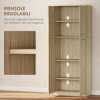Credenza de Cocina, Mueble Despensa Con 2 Armarios, Mueble de Cocina Con Estantes Regulables en MDF, para Comedor, Sala de Estar, Salón, 59X31X155 Cm, Roble
