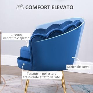 Sillón Concha, Sillón Vintage, Sillón Para Dormitorio Y Sala, Diseño Elegante, Con Respaldo Alto, 76X67X74Cm, Azul