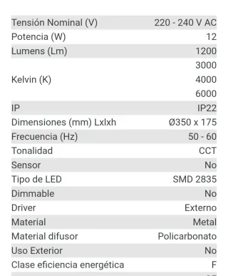 Lámpara techo LED CCT 12W ø35cm