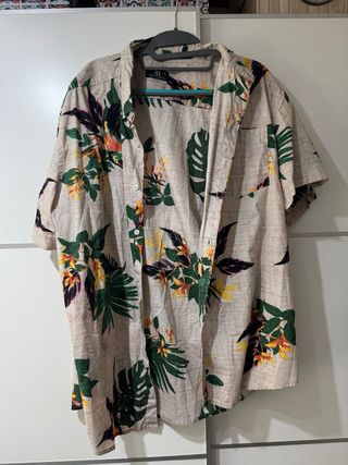 Camisa Estampada Hawaiana Hombre Beige Verde