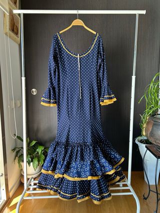 Vestido Flamenco Azul Marino Lunares Mostaza