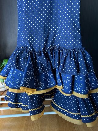 Vestido Flamenco Azul Marino Lunares Mostaza
