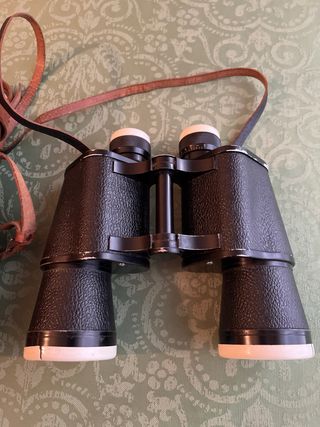 Prismáticos antiguos con funda de cuero