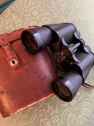 Prismáticos antiguos con funda de cuero