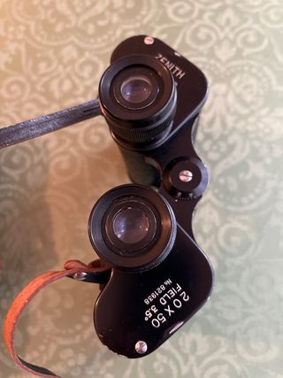 Prismáticos antiguos con funda de cuero