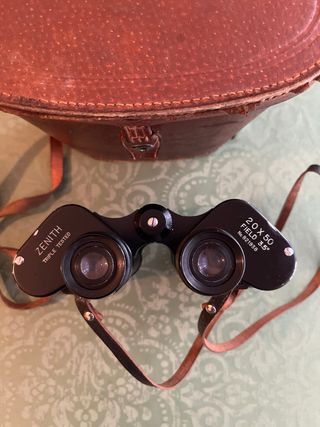 Prismáticos antiguos con funda de cuero