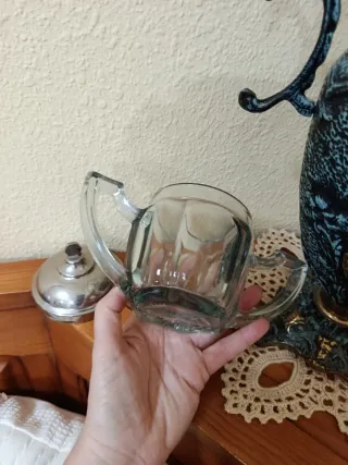 Azucarero Antiguo de Cristal y Metal