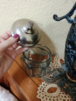 Azucarero Antiguo de Cristal y Metal