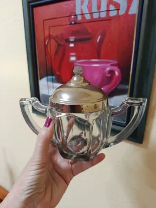 Azucarero Antiguo de Cristal y Metal