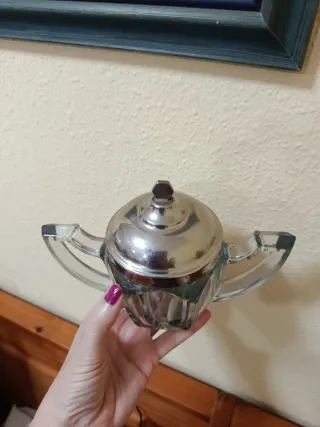 Azucarero Antiguo de Cristal y Metal