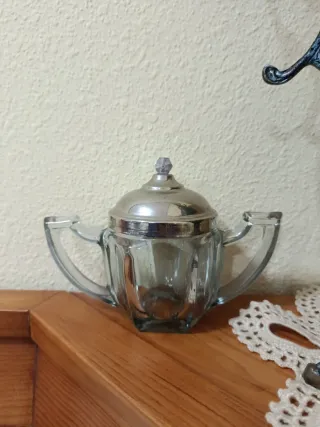 Azucarero Antiguo de Cristal y Metal