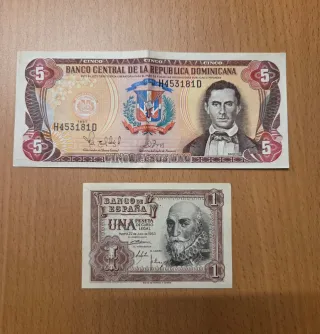 Billete 1 Peseta España y 5 Pesos Oro Rep. Dominic