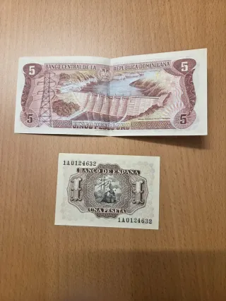 Billete 1 Peseta España y 5 Pesos Oro Rep. Dominic
