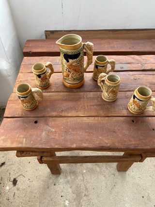Juego 6 jarras cerveza cerámica decorada