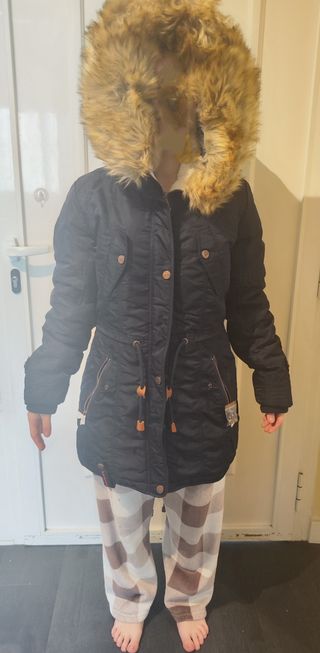 Abrigo Parka NAVHOO azul con capucha y etiqueta