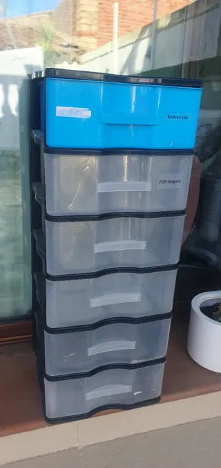 Cajonera de plástico azul y transparente