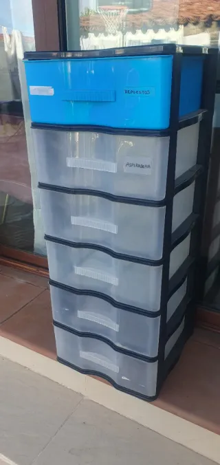 Cajonera de plástico azul y transparente