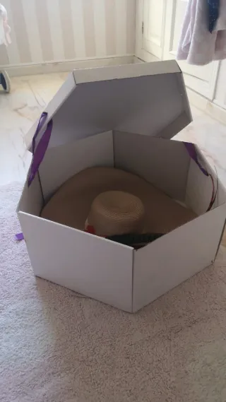 Sombrero de ala ancha con plumas y guantes