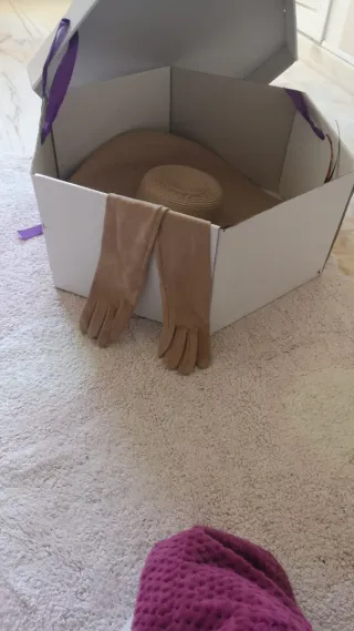 Sombrero de ala ancha con plumas y guantes