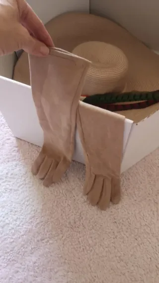 Sombrero de ala ancha con plumas y guantes