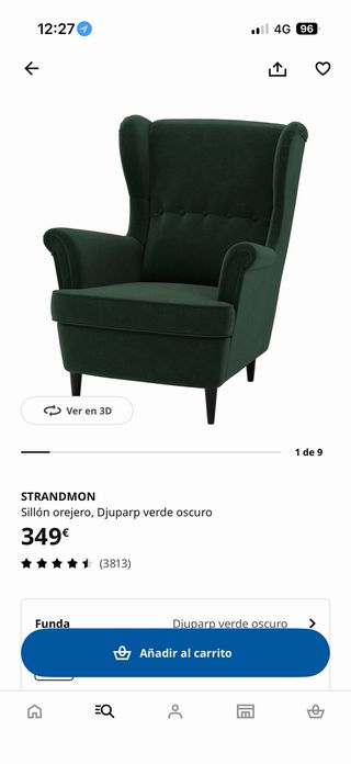 Sillón orejero terciopelo verde oscuro. No envío.