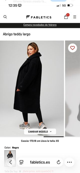 Abrigo largo teddy Fabletics negro XS, talla ampli