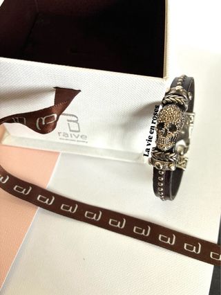 Pulsera Raive Calavera espinela Plata 925 Cuero