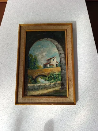 Cuadro de paisaje con puente y casa